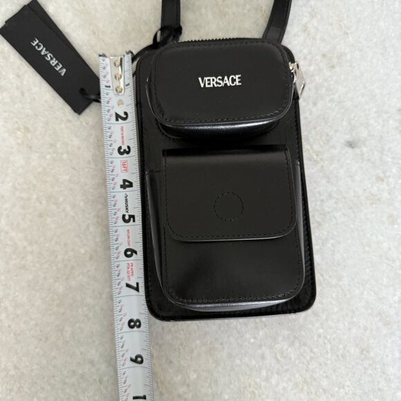 VERSACE 1013558 Black Calf Leather Phone Pouch Bag with lanyard ($1150 retail) - Picture 5 of 15